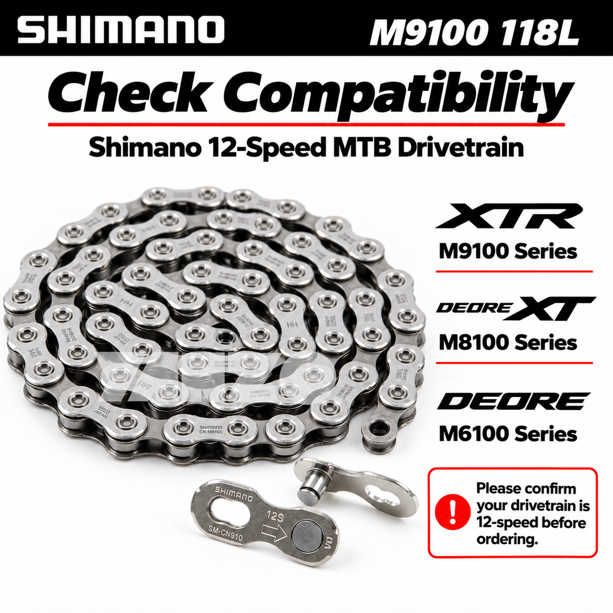 Shimano CN-M9100 Chain 12 Speed 118L MTB XTR M9100 w/ 2 Quick Links-Bulk