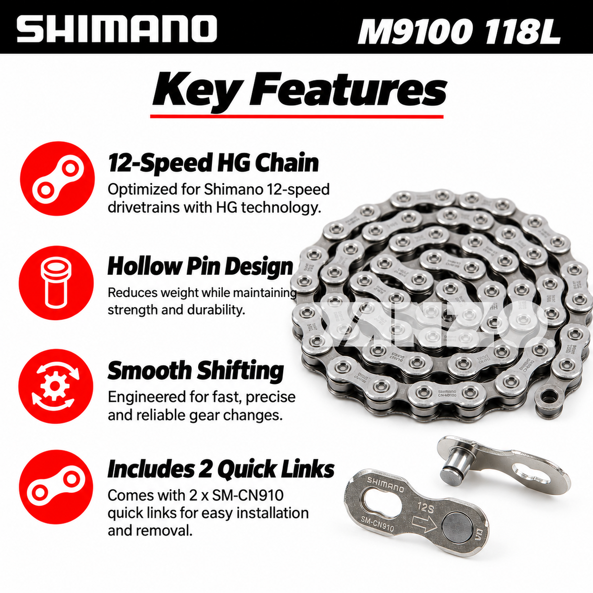 Shimano CN-M9100 Chain 12 Speed 118L MTB XTR M9100 w/ 2 Quick Links-Bulk