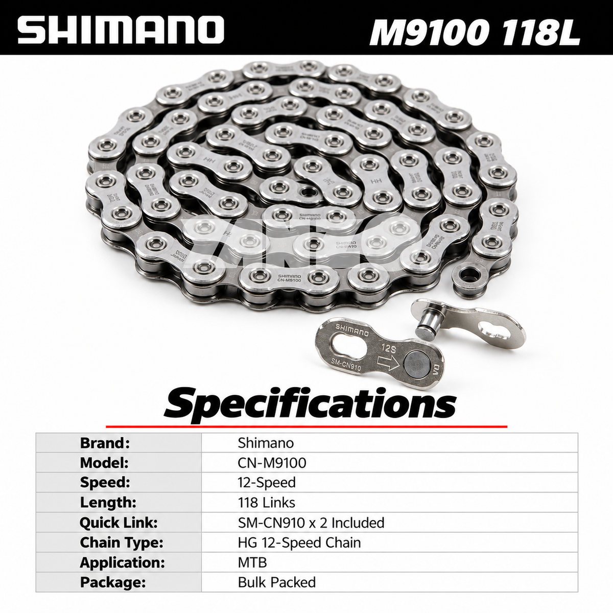 Shimano CN-M9100 Chain 12 Speed 118L MTB XTR M9100 w/ 2 Quick Links-Bulk