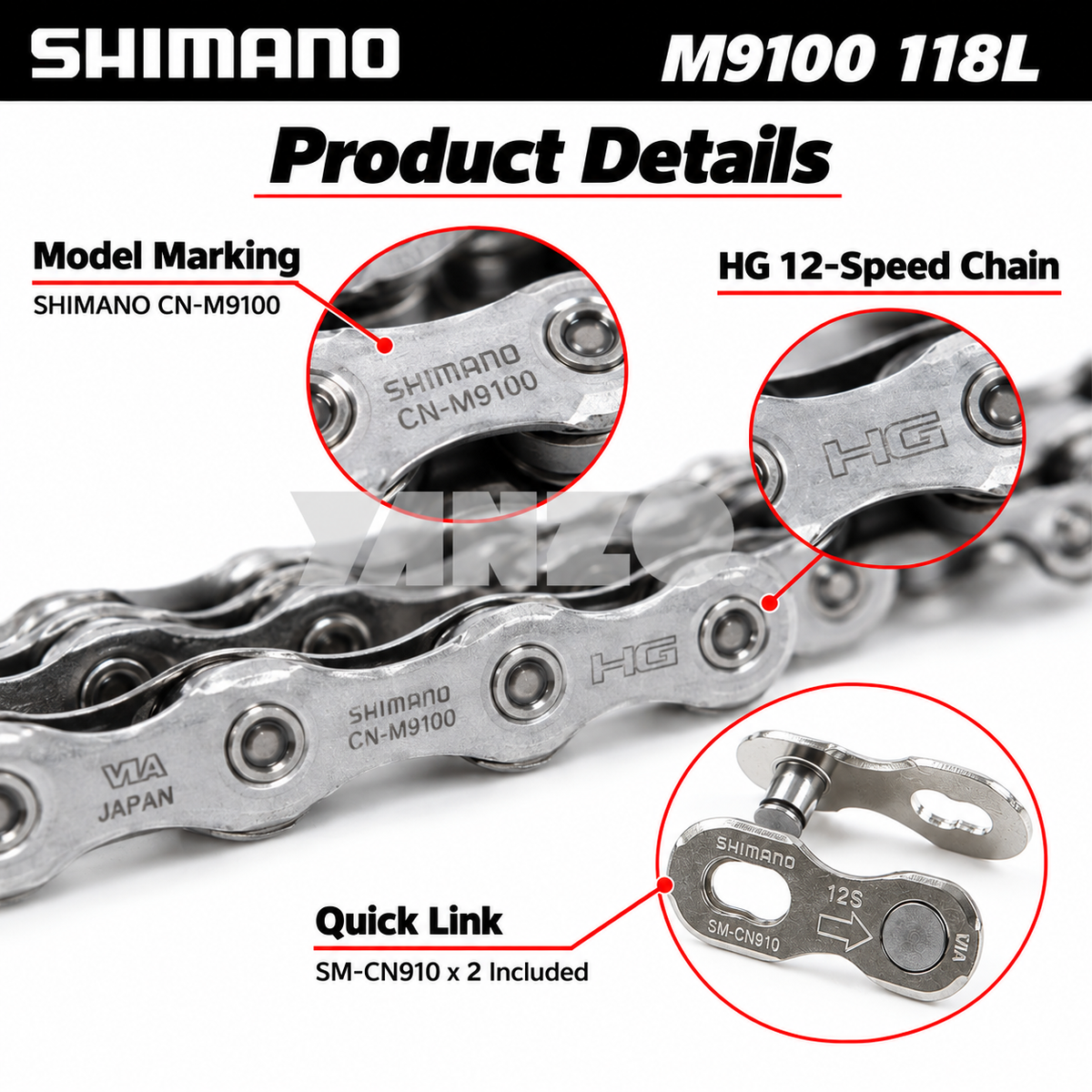 Shimano CN-M9100 Chain 12 Speed 118L MTB XTR M9100 w/ 2 Quick Links-Bulk