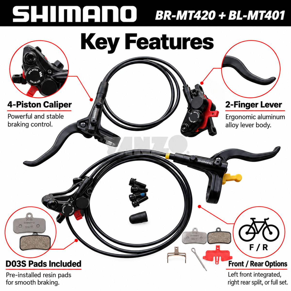 Shimano BL-MT401/BR-MT420 4-Piston Hydraulic Disc Brake Set Left/Right/Set-Bulk